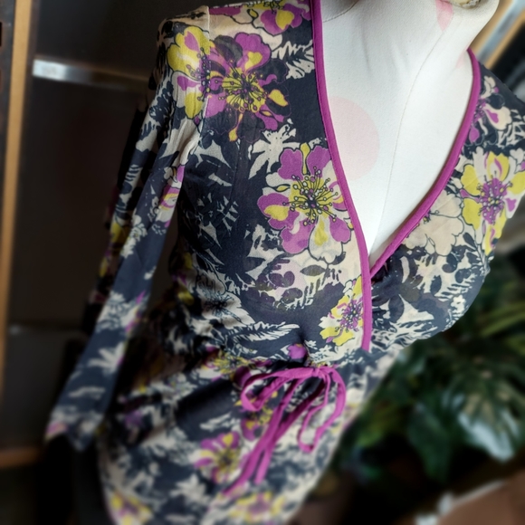 Sweat Pea Tops - Sweat Pea Mesh Long Sleeve Drawstring Tie Waist Fairycore Y2k Floral Mesh Small